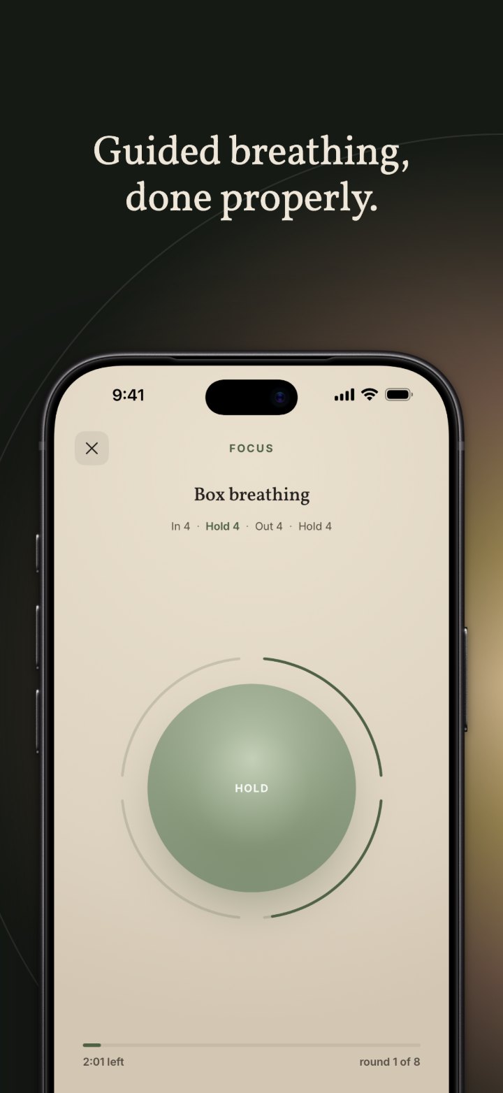 Guided breathing, done properly. A Focus session of box breathing, the orb holding.