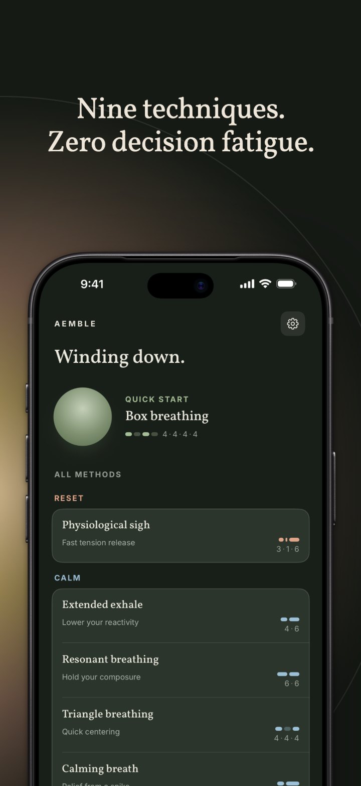 Nine techniques. Zero decision fatigue. The home screen with a quick start and all methods by category.