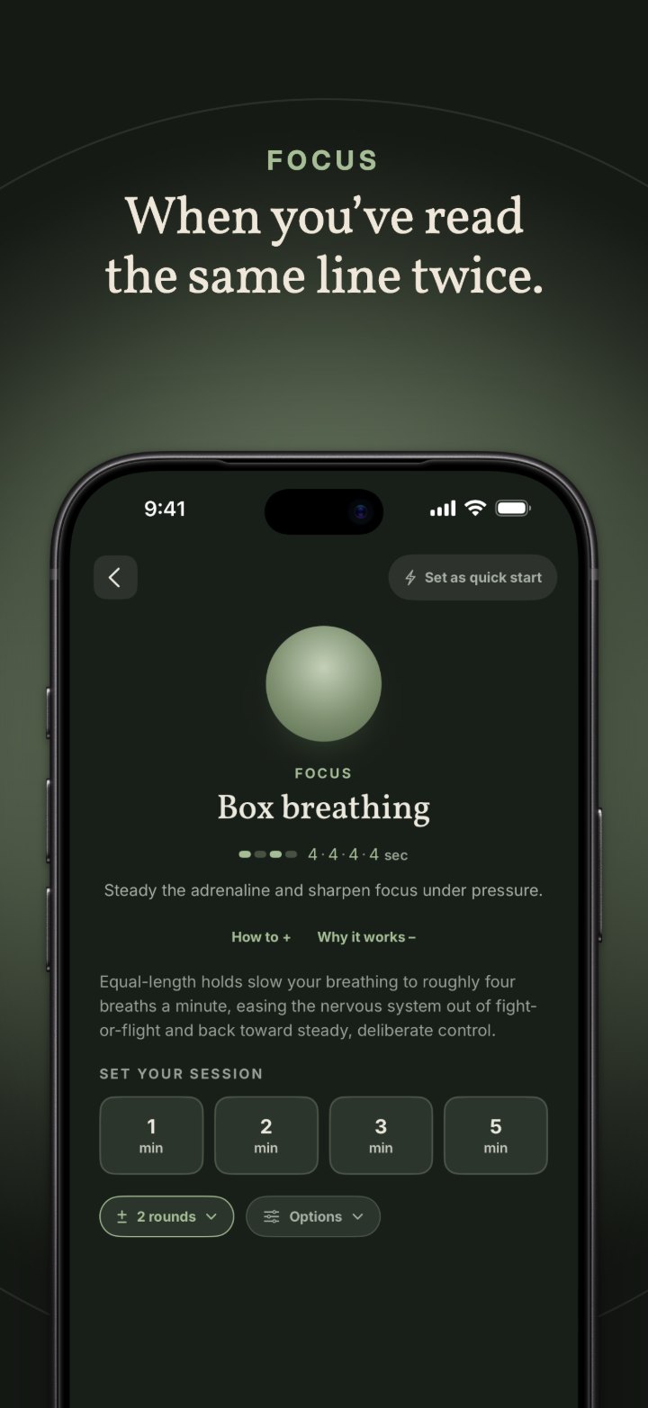 Focus: When you have read the same line twice. Box breathing detail and session length.